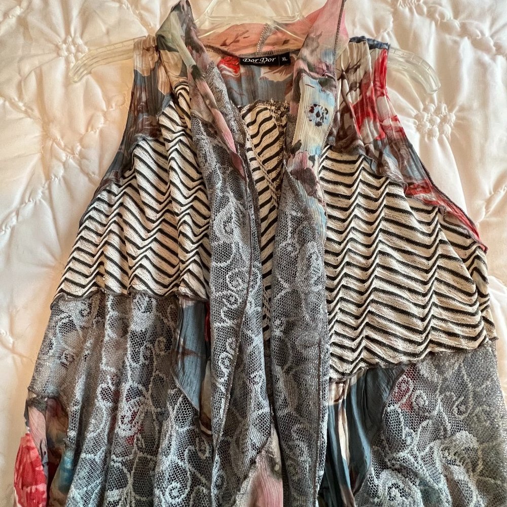 Mixed Media Long Blue BOHO Floral/Lace Vest - XL